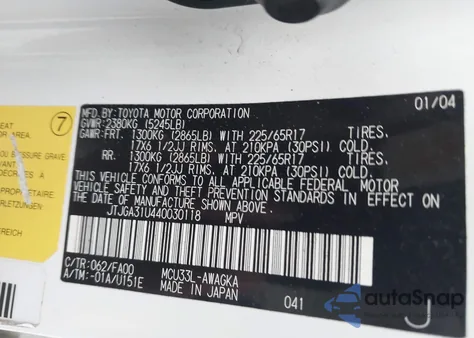 2004 Lexus Rx 330 z USA, uszkodzony, nr VIN JTJGA31U440030118